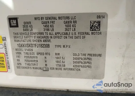 2015 GMC Acadia Slt-2 z USA, uszkodzony, nr VIN 1GKKVSKD7FJ182308